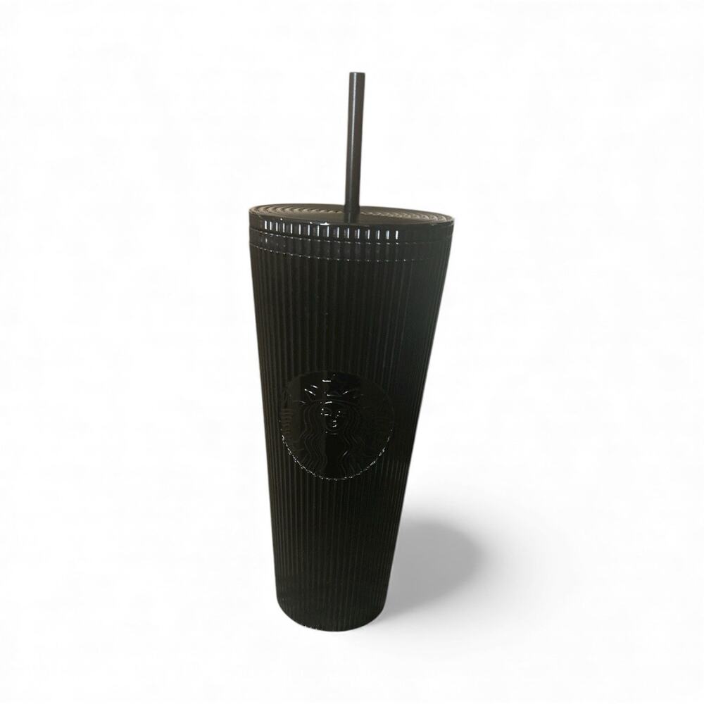 Starbucks Tumbler 2024 Black Pleated 24 oz Venti Cold Cup Straw Monogram Logo